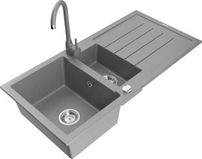 Mexen Andres gránit mosogatótál 1,5 rekeszes csepegtetővel és Telma konyhai csapteleppel, szürke - 6515-71-670200-71