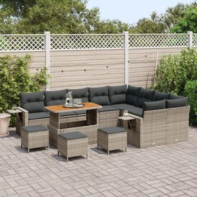 12 részes kerti kanapé szett párnákkal szürke poli rattan akáccal, 3 részes kerti étkező szett párnákkal szürke poli rattan akáccal