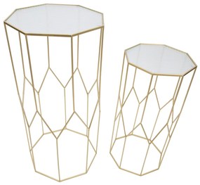hatszögletű kisasztal készlet geometrikus vázzal és üveglappal – 2 db – aranyszínű