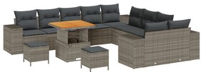 13 db-os kerti kanapé szett párnákkal szürke polyrattan akáciával, 3 db-os kerti étkező szett párnákkal szürke polyrattan akáciával