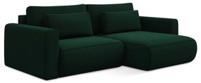 Zöld bársony kinyitható-tárolóhelyes sarokkanapé (jobb oldali-heverő résszel) Kapua – Makamii