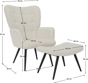 Fotel lábtartóval, fehér Velvet szövet/fekete, HABEN