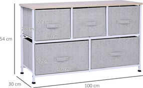 HOMCOM Fiókos Szekrény Tároló 100 x 30 x 54 cm 5 Nem Szőtt Fiókkal Szürke Acél Váz Fehér Világos Fa | Aosom