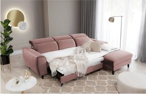 Rózsaszín bársony kinyitható-tárolóhelyes sarokkanapé (jobb oldali-heverő résszel) Foble – ELTAP