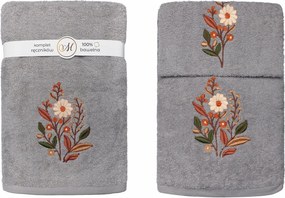 Szürke 3 db-os törölköző szett 30x50, 50x100, 70x140 pamut 100%, virágmintás