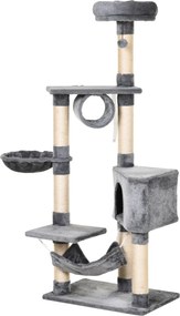PawHut Macska Kaparófája 154 cm Magas Macska Torony Platformokkal, Alagúttal, Függőágyjal és Szizál Kaparóoszlopokkal 60x40x154 cm Szürke | Aosom