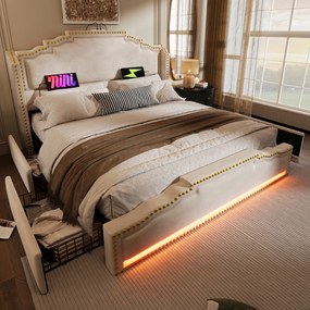 Kárpitozott ágy, kétszemélyes ágy 4 fiókos Led Usb-c 160x200cm Bézs