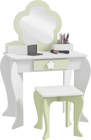 ZONEKIZ Lányok Öltözködő Asztala Tükörrel és Puffal Smink Öltözködő Asztal Gyerekeknek 3-6 Évesek Számára 2 Dozával és 1 Fiókkal 55x34x87,5 cm Fehér é