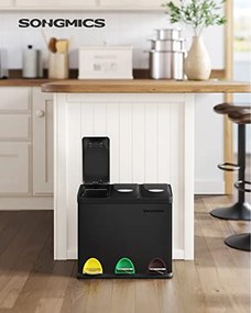 Kis szelektív konyhai hulladékgyűjtő, pedálos fedéllel, 3 x 8 literes  vödörrel, acél, fekete