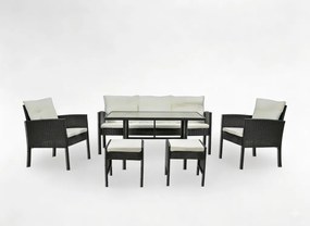 „VADUZ” RATTAN BÚTOR SZETT (KANAPÉ + 2 FOTEL + 2 PUFF + ASZTAL) FEKETE, KRÉMSZÍNŰ PÁRNÁKKAL