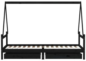 fekete tömör fenyőfa gyerekágykeret fiókokkal 90 x 200 cm