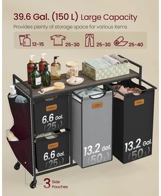 Szennyeskosár 4 rekesszel, 150 L-es ruhaválogató, fekete-szürke