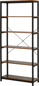 HOMCOM Ipari Stílusú Retro Könyvespolc 6 Nyitott Polccal Könyvekhez és Felborulás Elleni Rendszerrel, Tárolás a Nappaliban és Irodában 80x30x180 cm Ru