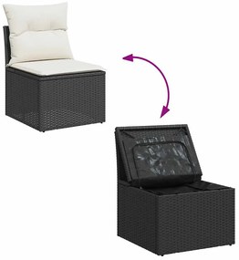 9 részes fekete polyrattan akácfa kerti ülőgarnitúra párnákkal