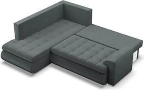 Tokio sarokkanapé, L alakú háttámlával, 2 ágyneműtartóval, bársony, baloldali, szürke