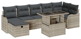 8 darabos kerti kanapé szett párnákkal, világosszürke poli rattan, 2 személyes kerti kanapé tárolóval és párnákkal, világosszürke poli rattan