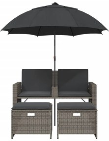 2 személyes szürke polyrattan kerti kanapé napernyővel/székkel