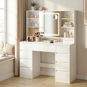 Fésülködő asztal, sminkasztal LED tükörrel és 9 fiókkal, szerszámmentes összeszerelés, Fehér