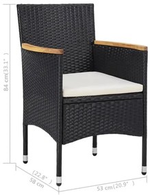 3 részes fekete polyrattan és tömör fa kerti étkezőgarnitúra