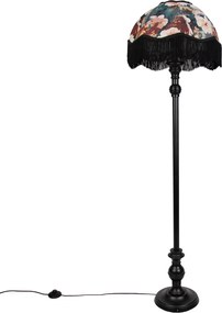 Fekete állólámpa virágmintás búrával és fehér belsővel 45cm - Classico