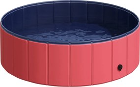 PawHut Összecsukható Kutya Fürdőmedence, Kutya Medence, Locsoló Medence, Úszómedence, Vízgyűjtő Tálca Kutyáknak és Macskáknak, Műanyag+Fa, Piros Ø100