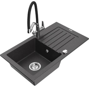 Mexen Pablo egykamrás gránit mosogató csepegtetővel és Duo konyhai csappal, fekete pöttyös - 6510-76-671701-07