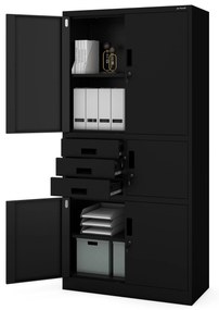 Fém iratszekrény széffel és fiókokkal FILIP II, 900 x 1850 x 400 mm, fekete