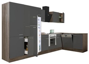 Yorki 370 sarok konyhabútor yorki tölgy korpusz,selyemfényű antracit front alsó sütős elemmel polcos szekrénnyel, felülfagyasztós hűtős szekrénnyel