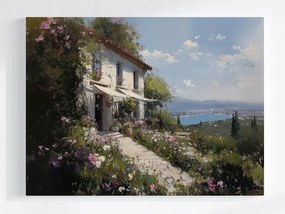 Vászonkép Canvas Tájkép Tenger Hegyek Ház Villa Kert Virágok 100x75