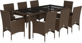 vidaXL 9 részes barna polyrattan/üveg kerti étkezőgarnitúra párnákkal