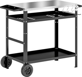 Outsunny Grill Kocsi 3-Szintes Tálalókocsi Munkafelülettel, Fogantyúkkal, Fedéllel, Kerekekkel, Állítható Magasságú Rozsdamentes Acél Grill Asztal, Kü