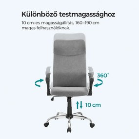 Ergonomikus irodai forgószék párnázott ülőfelülettel, hintamechanikával, állítható magassággal, 120 kg teherbírással, szürke