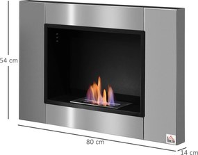 HOMCOM Fali beépített Bioetanol Kandalló 0.9 L Égő, 3 órás Égetési Idő 80L x 14W x 54H cm Terület 25-30 m² Rozsdamentes Acél | Aosom