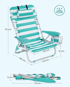 Strandszék, összecsukható kempingszék, hordozható kültéri szék, állítható háttámlával, zöld és fehér