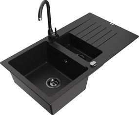 Mexen Matias 1,5-medencés gránit mosogató csepptálcával és Telma konyhai csapteleppel, fekete - 6502-77-670200-70-B