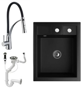 Gránit Mosogató NERO Parma + kihúzható zuhanyfejes króm Duo-Flex csaptelep + dugókiemelő + szifon (matt fekete)