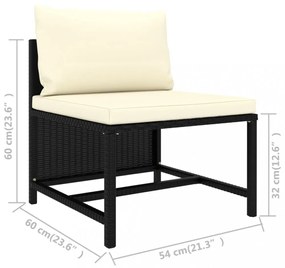 3 személyes fekete polyrattan kerti kanapé párnákkal