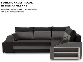 Grande sarokkanapé polcokkal és puffokkal , polc a jobb karfaban puffok a bal karfaban, jobboldali, szövet anyag, hab töltet, fekete - szürke