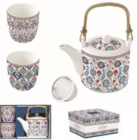 R2S.1467IZNI Porcelán teáskanna 600ml, fémszűrővel, 2 porcelánpohárral 160ml, dobozban, Iznik, Atmosphere