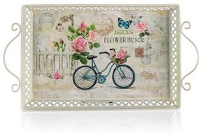 Vintage virág mintás fém tálca Jardin Flower Bicycle 41x23 cm