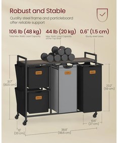 Szennyeskosár 4 rekesszel, 150 L-es ruhaválogató, fekete-szürke