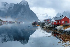 Vászonkép Canvas Norvégia Lofoto Piros Házikók Fjord Rorbu 60x40