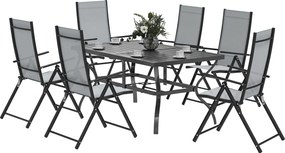 Outsunny 7 darabos kertasztal és szék szett, étkezőasztal ernyőnyílással és 6 magas hátraszokott összecsukható kültéri székkel, acél téglalap alakú ke