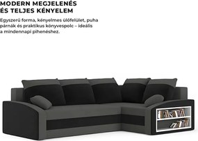 Grande sarokkanapé polcokkal , polc a jobb karfaban, jobboldali, szövet anyag, bonell töltet, szürke - fekete