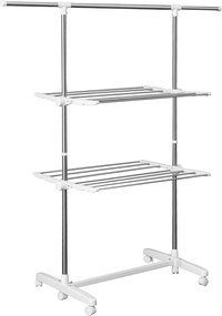 HOMCOM Torony Ruhaszárító Állvány, Kihúzható, 3 Szinttel, Összecsukható Szárnyakkal, Kerekekkel, Fehér, 83-136,5 x 45,5 x 154 cm | Aosom