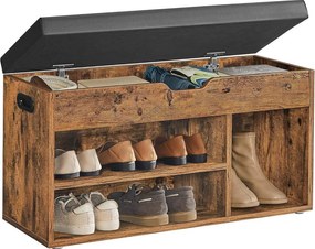 Cipőpad párnázott ülőfelülettel, 3 nyitott rekesszel és rejtett tárolóhellyel, 80 x 30 x 44 cm, 150 kg teherbírással, rusztikus barna