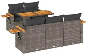 6 részes szürke polyrattan akácfa kerti ülőgarnitúra párnákkal