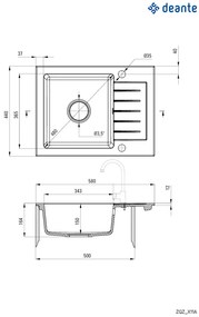 Deante Zorba, gránit mosogató 580x440x164 mm Z / KO, 3,5 "+ helytakarékos szifon, 1 kamrás, antracit metál, ZQZ_T11A