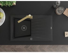 Mexen Cesar, gránit mosogató 775x470x190 mm, 1 kamrás, fekete, fekete szifonnal és arany Rita mosogató csaptelep, 6514-77-670300-50-B