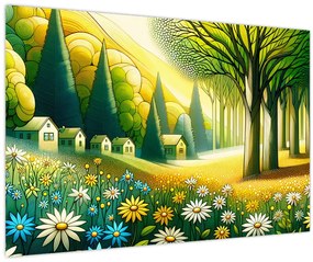 Kép - Falu sárga-zöld színekben (90x60 cm)
